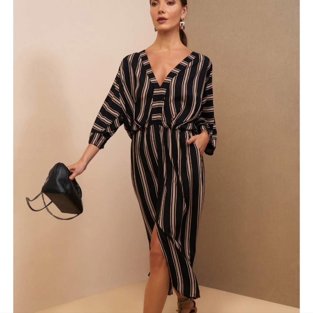 UMA AND LEOPOLD STRIPED DOLMAN SLEEVE SIDE POCKETS LIGHTWEIGHT MIDI DRESS SZ LRG